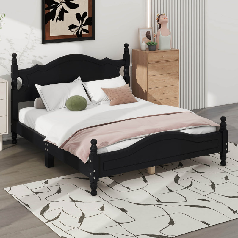  Cadre de lit plateforme en bois, lit plateforme de style rétro, Noir, Grand lit