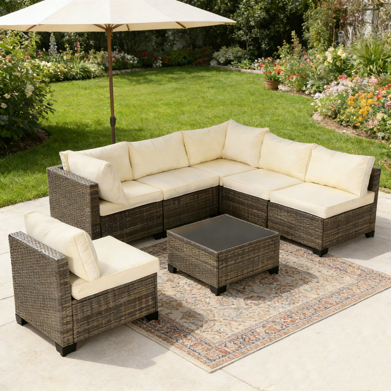 Ensemble de conversation d'extérieur 7 pièces avec coussins 7 pièces, Beige, Noir