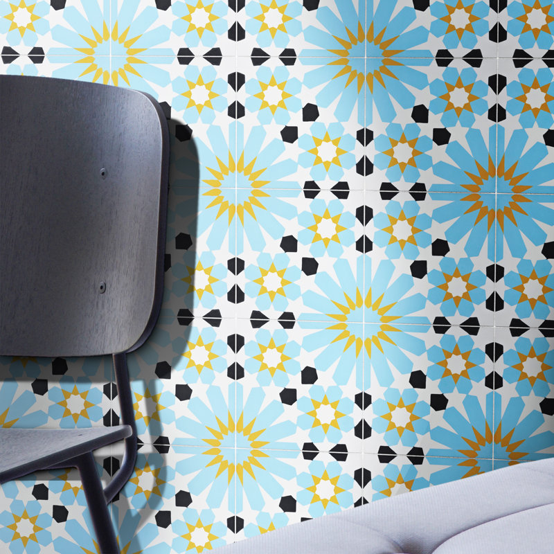 Agdal 8" x 8" Cement Patterned Wall & Floor Tile, Blue/Yellow/Black