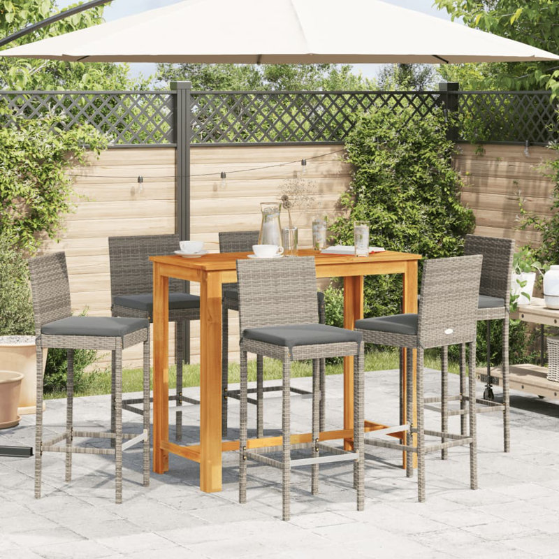 Wildon Home® 7 Piece Patio Bar Set Black Solid Wood Acacia And Poly Rattan, Gray, Cream