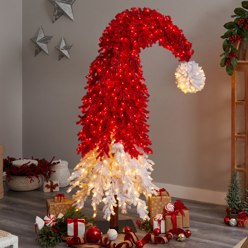 9' H Santa Hat White/Red Artificial Christmas Tree Prelit with 600 LED Lights