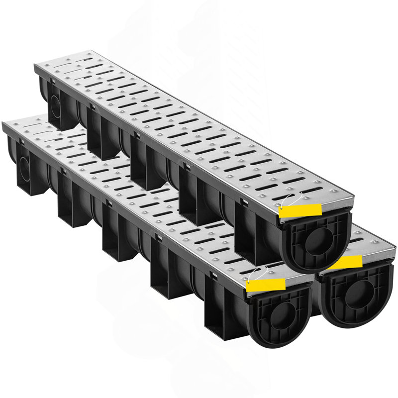Trench Drain System, Channel Drain With Metal Grate, 5.9X5.1-Inch HDPE Drainage Trench, Black Plastic Garage Floor Drain, 3X39 Trench Drain Grate, With 3 End Caps, For Garden, Driveway-3 Pack