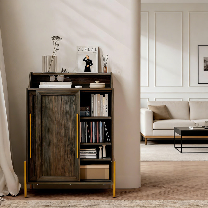 Sliding Door Buffet Cabinet W/ Adjustable Shelf & Shoe Storage Entryway Brown