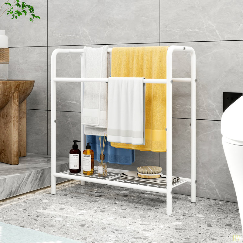 Porte-serviettes en métal à 3 niveaux, porte-serviettes autoportant pour la salle de bain, économise de l'espace avec rangement, présentoir pour la chambre à coucher, la salle de bain et la piscine