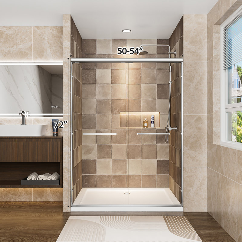 50"-54" W X 72" H Chrome Aluminum Frame Double Sliding Shower Door, 1/4" (6Mm) Clear Tempered Glass With Explosion-Proof Film, Dual Stainless Steel Handles