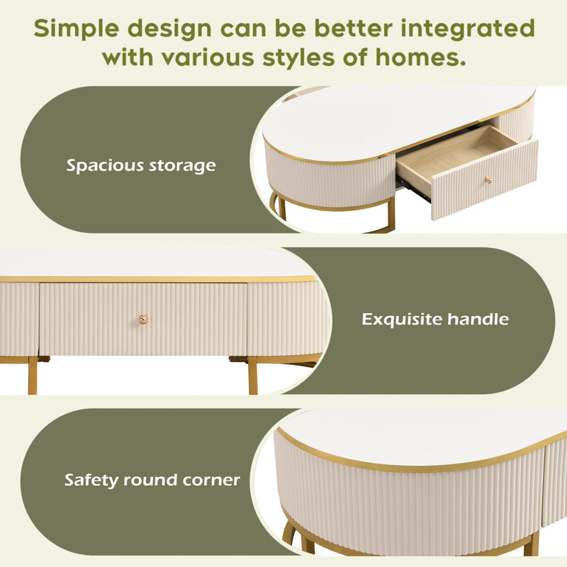 Table basse ovale avec tiroirs, conception à profil incurvé, décor en métal doré, table centrale pour le salon de 47,2 po
