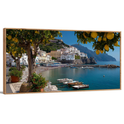  Très grand art mural encadré de la côte d'Amalfi, peinture de terrasse de citron italien, photo de scène côtière ensoleillée en Italie, impression de maisons de bord de mer vibrantes pour salon, cuisine, chambre à coucher, décoration 48 x 24 po