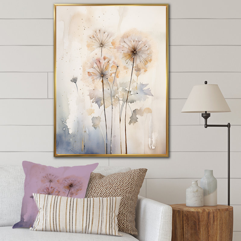 Dandelion Charm in Winter IV - Pissenlit grand, art mural, H 32 po x l 16 po x P 1 po, Cadre flottant doré
