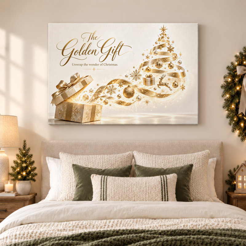 The Golden Gift Text With Spiral Ribbon Tree Christmas Canvas Wall Art, 24"H x 36"W