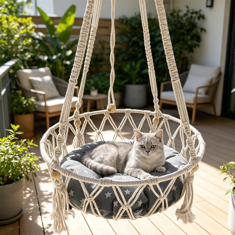 Hamac pour chat en macramé bohémien, hamac pour chien suspendu en corde de coton (avec coussin moelleux)