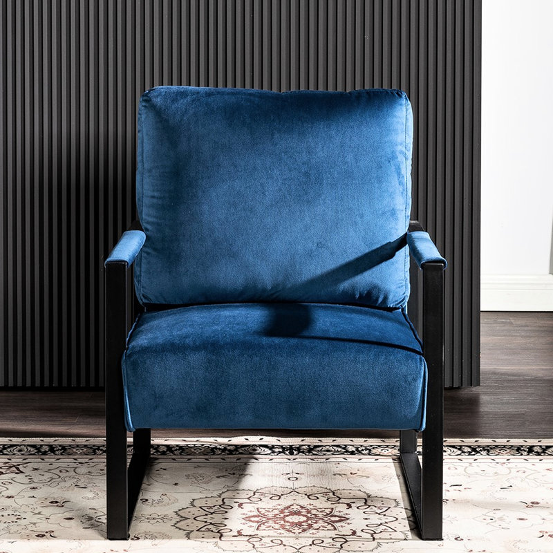 Chaise de salon Mid-Century moderne, velours bleu avec base en métal pour chambre à coucher, fauteuil de bureau à domicile, salle de construction,