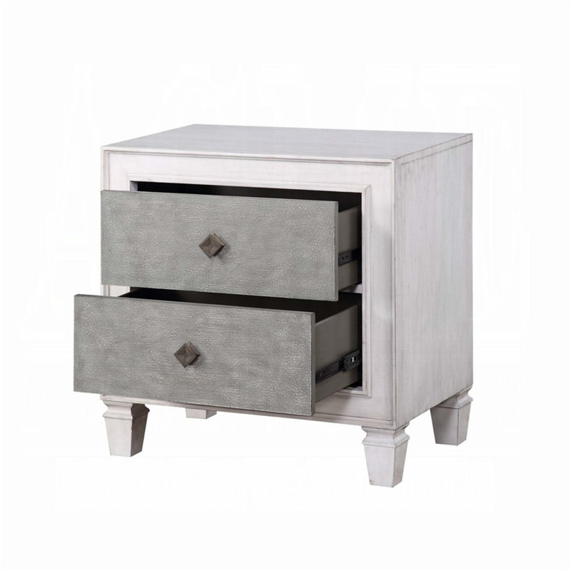Table de chevet à finition bicolore avec 2 tiroirs, façades gris rustique et beaucoup de rangement pour les chambres de style campagne moderne