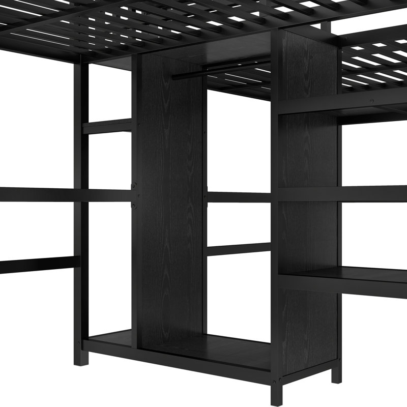 Twin Over Twin Loft Bed With Desk & Wardrobe, Space Saving Kids Bed With Outlets, Twin Over Twin, Black