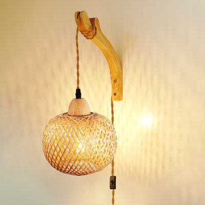 1 - Light Pulg In Bamboo Wall Sconce Farmhouse Wicker  Cord Hand Woven Rattan  For Living Room Bedroom
