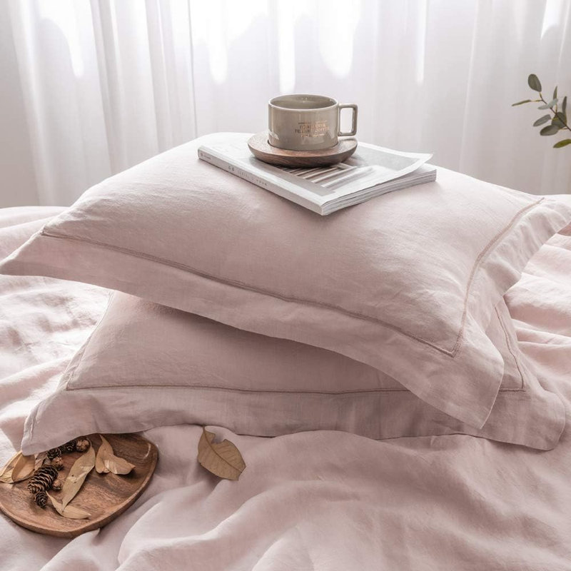 Ensemble de housse de couette 100% lin, Rose poudreux, Housse de couette double et 2 taies décoratives