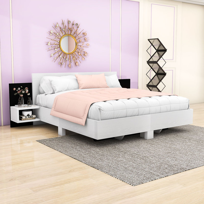 Wooden Floating Platform Bed with Built-in Nightstands and LED Lighting, White, King