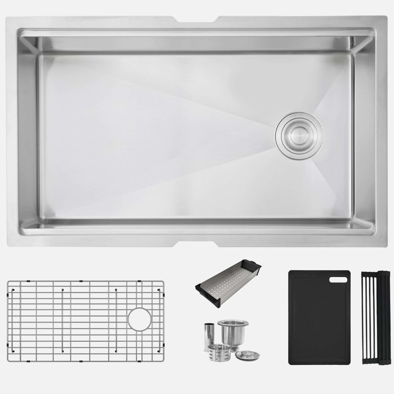 33 in. x 19 in. 16 Gauge, Stainless Steel, Brushed Single Bowl Undermount Kitchen Sink with Built-In Accessories