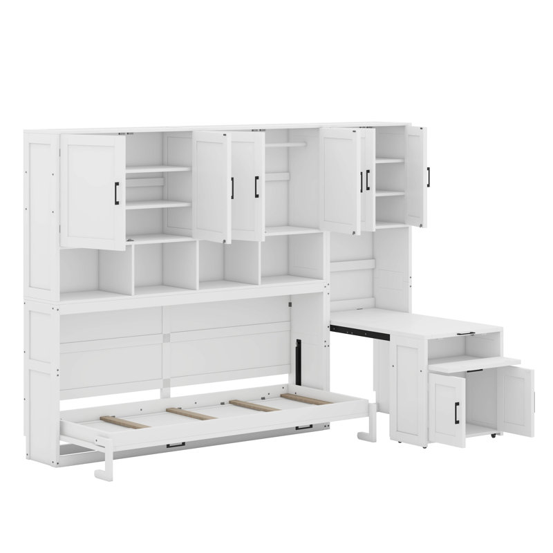 Lit escamotable simple avec placard, tiroirs et bureau, Blanc