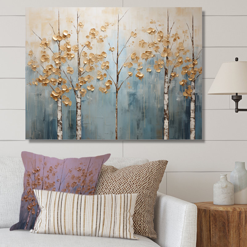 Minimalisme, arbres dorés et bleus, paysage II - art mural arbres, 16" H x 32" W, Toile tendue