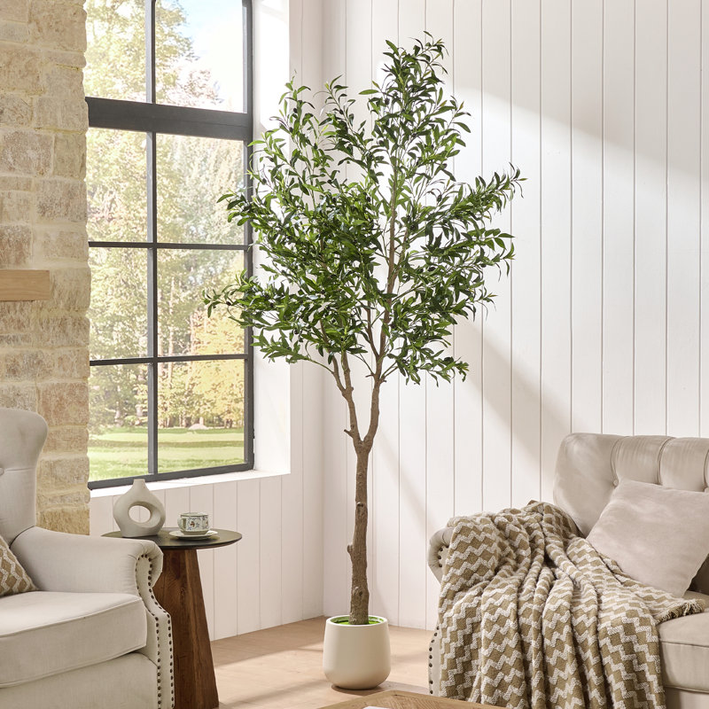 Olive artificielle 7 pi en pot blanc, plante d'intérieur artificielle réaliste pour le salon, le vestibule et le bureau