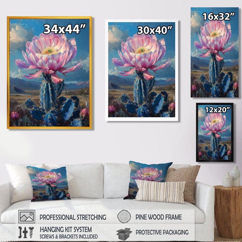Rose rose, fleur bleue, cactus Grace IV - cactus floral, Toile avec cadre flottant or, H 20 po x l 12 po x P 1 po