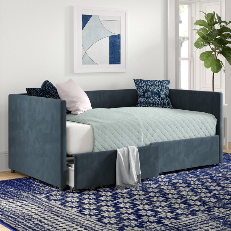 Dmitry Upholstered Daybed with Drawers, Blue Linen, Twin