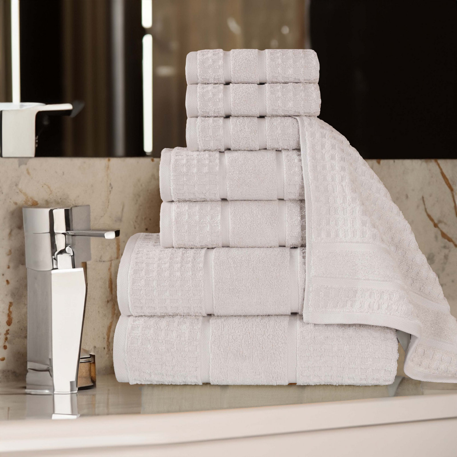 Hisela Zero Twist Cotton Solid Waffle Honeycomb Plush Soft Absorbent Medium Weight Assorted Towel Set, Stone