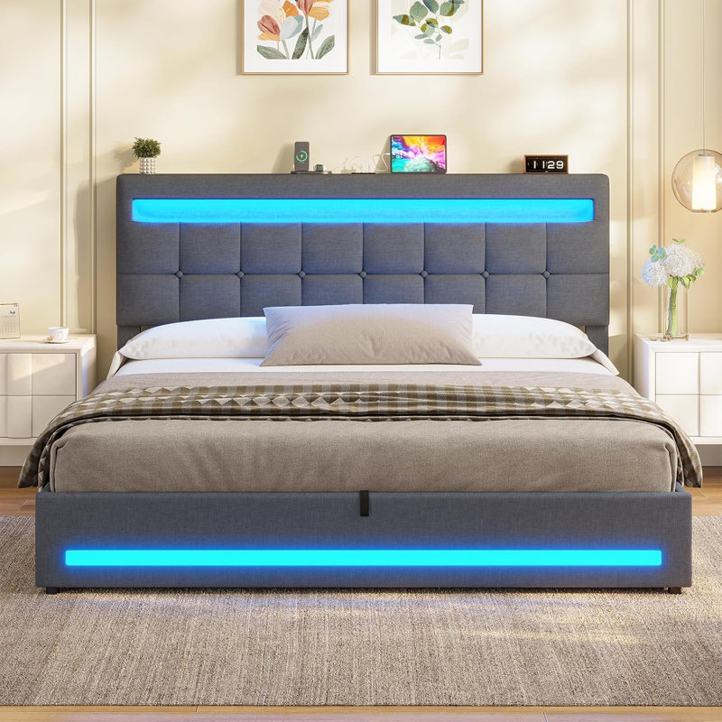 Ottoman Bed Frame with Charging Station & LED Lights, Upholstered Platform Bed frame with Under-bed Storage and Storage Headboard, No Box Spring Needed