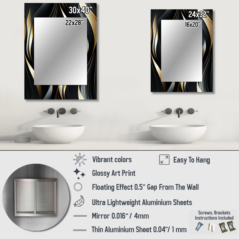 Noir profond et élégance dorée - miroir glamour, miroir mural moderne unique, impression d'art en métal, 32 po x 24 po