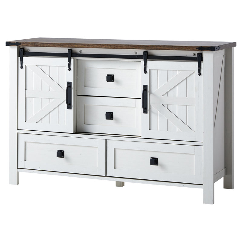 48" W Farmhouse Dressers With 2 Sliding Barn Doors, White/Brown