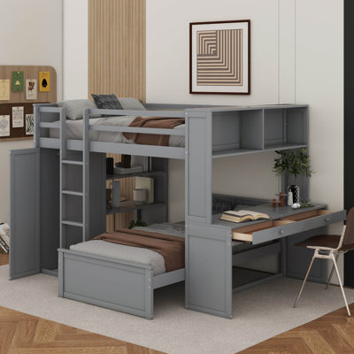 Lit mezzanine double avec lit autonome, armoire, bureau et tablettes