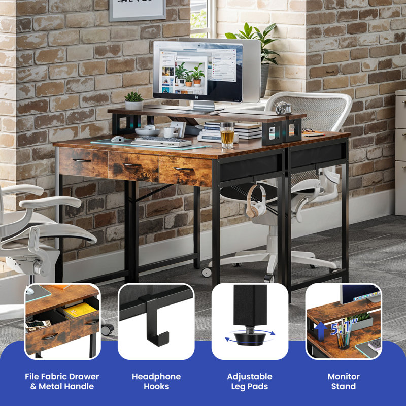 Bureau d'ordinateur à 3 tiroirs avec plateforme pour écran surélevé, H 35,40 po x l 31,40 po x P 19,70 po, Brun / Noir