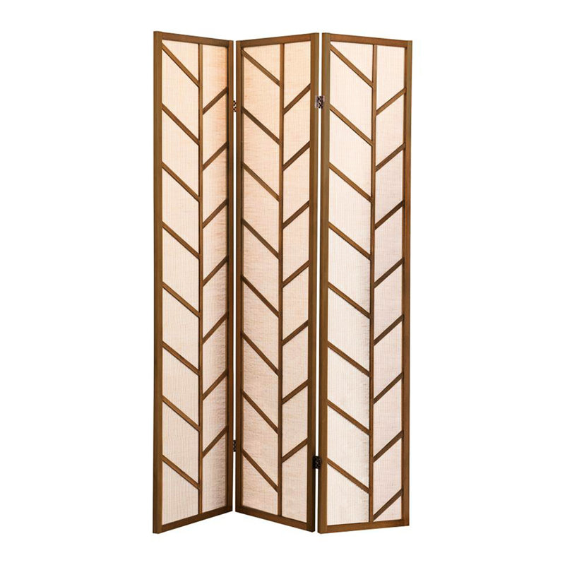 Paravent à 3 panneaux en toile de jute et lin, cadre en pin massif et noyer, motif plumes, style tropical pour intérieur contemporain, hauteur 183,8 cm, profondeur 132,2 cm, largeur 1,96 cm, poids 5,6 kg. Panneaux naturels, cadre inclus.