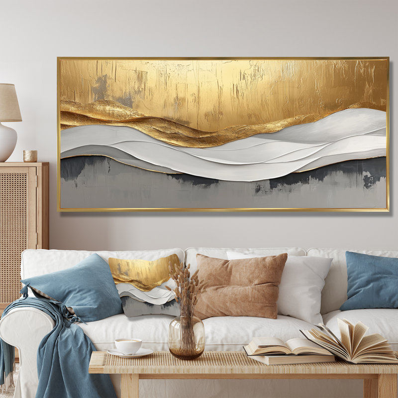 Oplis V - Abstract Large Wall Art, H 28 po x l 60 po, Cadre flottant, Doré