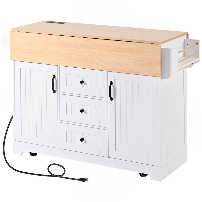 55.7'' Large Kitchen Island with 2 Drop Leaf,, Rolling Kitchen Cart on 5 Wheels with Power Outlet, Folding Storage Dining Table with Spice & Towel Rack , 3 Drawers, for Kitchen, Dining Room,White
