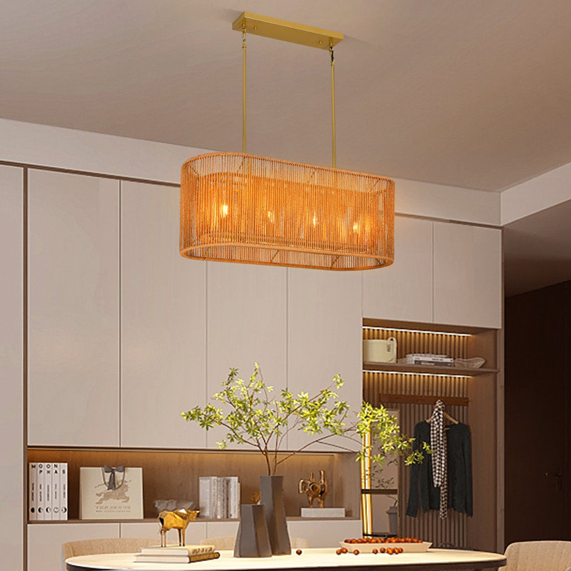 Dimmable Natural Rattan Kitchen Island Chandelier Pendant