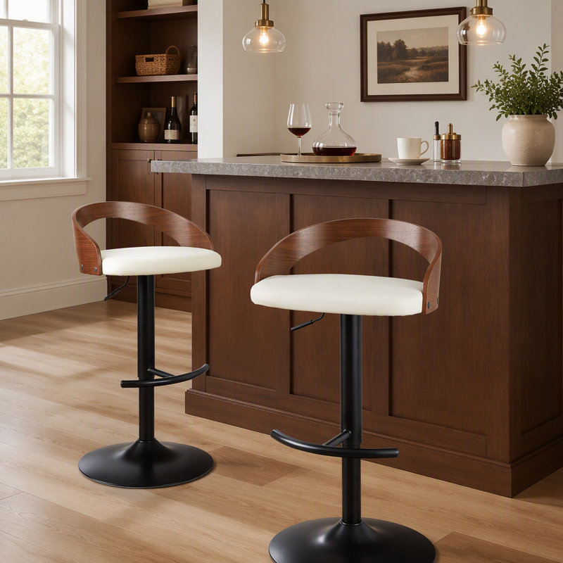 Tabouret réglable avec pivot en métal noir, bois de noyer et similicuir crème avec repose-pieds arrondi en T - ensemble de 3