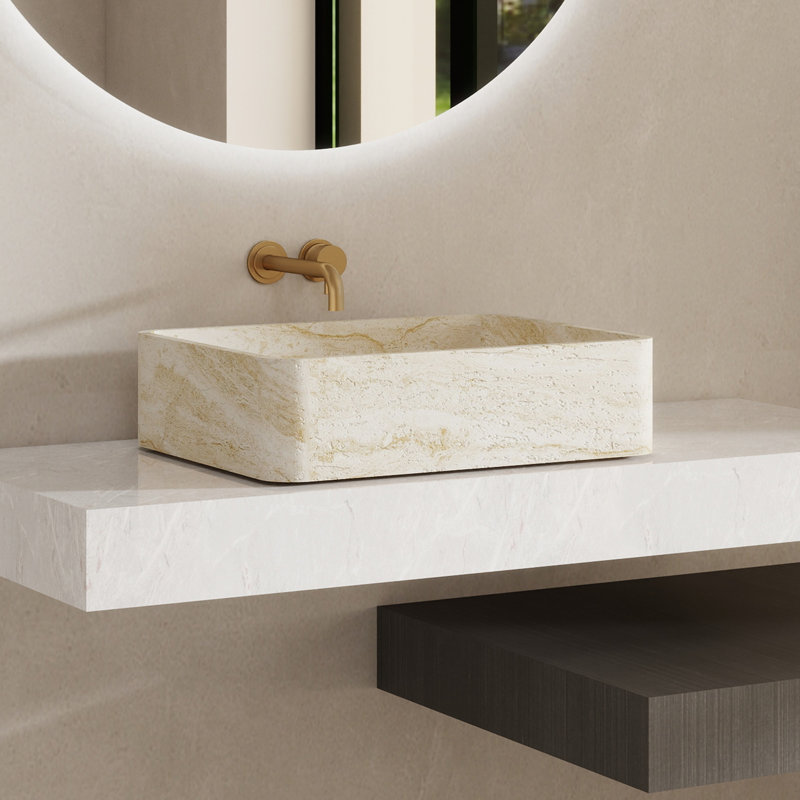 19" Stone Zen Bathroom Sink Solid Surface Rectangular Vessel Basin Artistic Style Sink In Yellow Travertine Veining, Natural