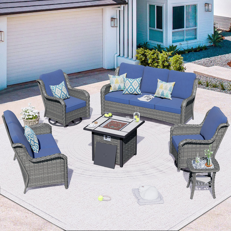 Tommy 7 - Person Patio Conversation Set with Cushions, Gray, Denim Blue