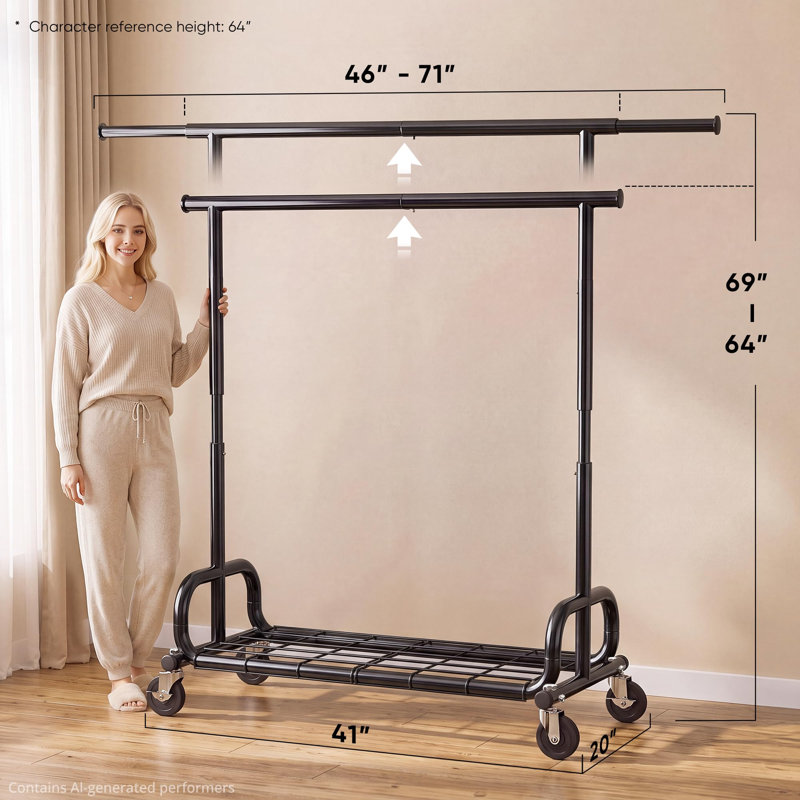Portant à vêtements très résistant avec capacité de 450 lb avec tablettes, support à vêtements, support à vêtements réglable de qualité commerciale (longueur de 45,66 à 70,86 po, hauteur de 64 à 68 po) avec tablette de rangement noir