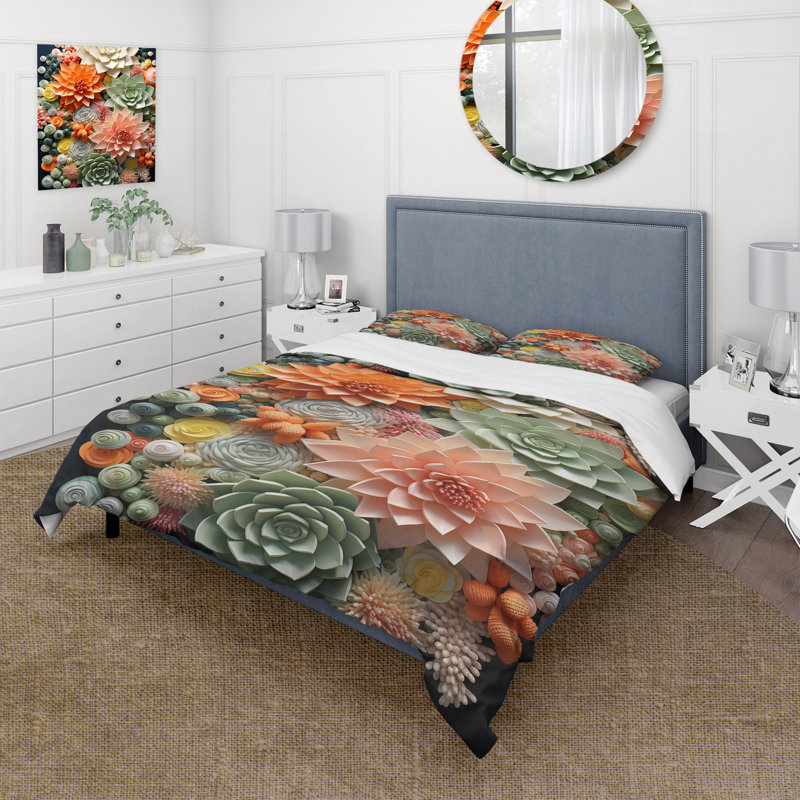 Ensemble de housse de couette orange et rose succulentes III, Housse de couette simple et deux taies décorative
