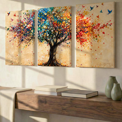 Ensemble de 3 grands arbres colorés et oiseaux sur parchemin, art mural moderne et vibrant