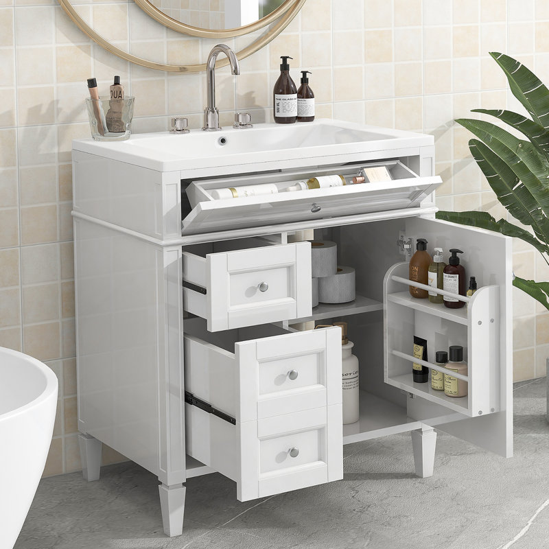 Ensemble de meuble-lavabo autoportant 30 po avec lavabo supérieur, meuble-lavabo moderne avec 2 tiroirs et tiroir basculant, meuble-lavabo autoportant avec miroir et meuble-lavabo simple