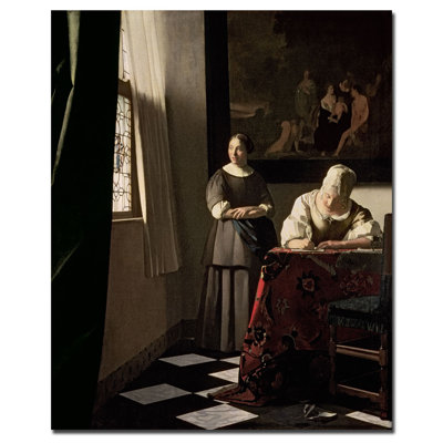 "Dame écrivant une lettre avec sa servante, 1670" par Jan Vermeer, reproduction d'art sur toile tendue
