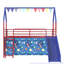 Lit mezzanine double Zeso pour enfants, motif maison, bleu marine et rouge, avec glissade et rideau