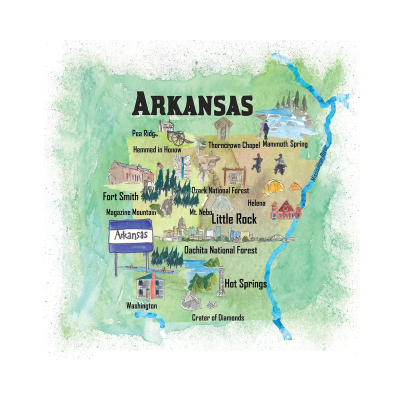 USA, Arkansas Illustrated Travel Poster by Markus & Martina Bleichner - Wrapped Canvas Gallery-Wrapped Canvas Giclée