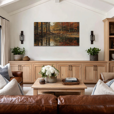 Art mural grand paysage d'automne, scène de lac forêt d'automne, décoration murale d'automne rétro pour le salon, impressions sur ton de la terre, toile tendue avec cadre en pin, 24 po x 48 po