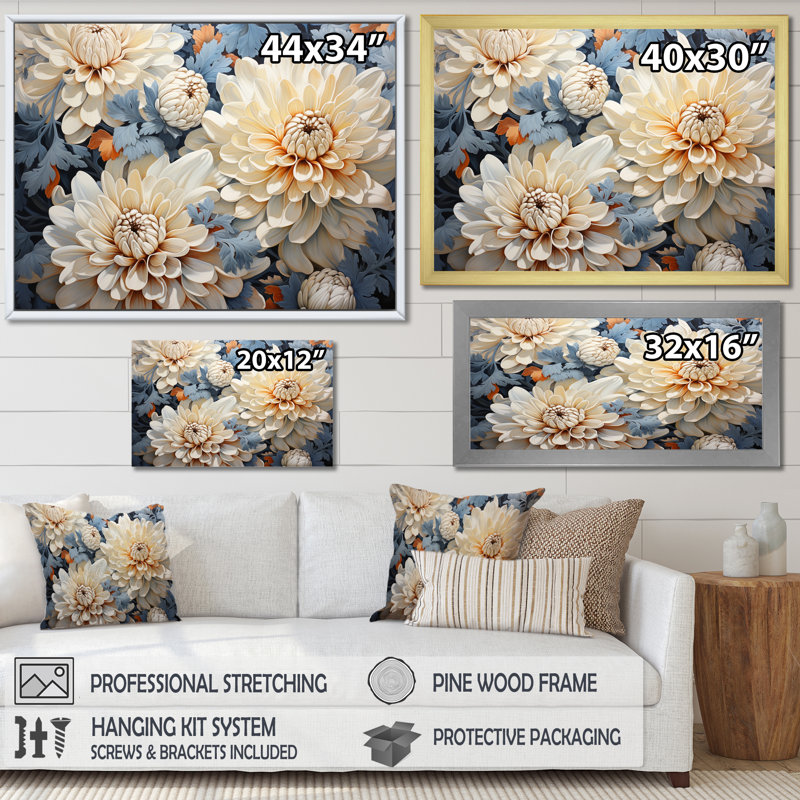 «White and Blue Chrysanthemums», mosaïque sur toile, H 24 po x l 32 po x P 1 po, Cadre flottant doré