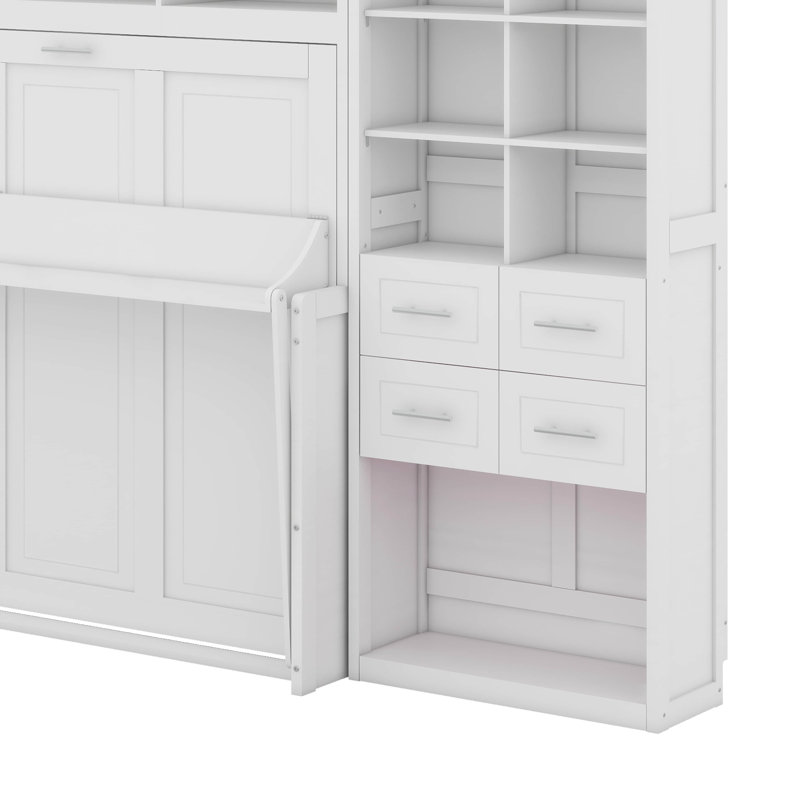 Murphy Bed With Closet, Drawers And Shelves, White, Queen