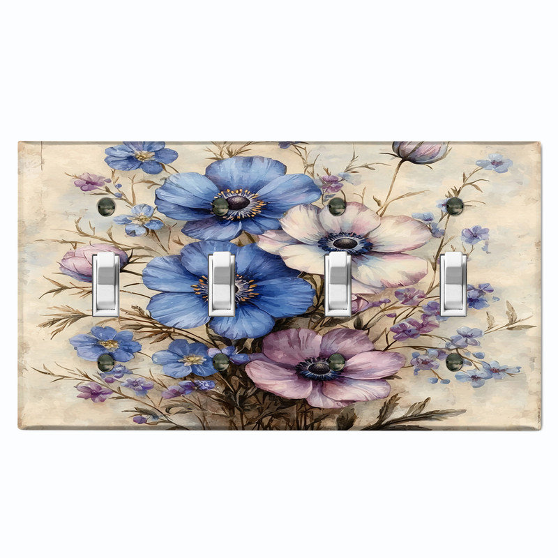 Couvercle de plaque d'interrupteur en métal; Bascule à 4 bandes US standard - Fleurs sauvages rétro, #4 Quad Toggle